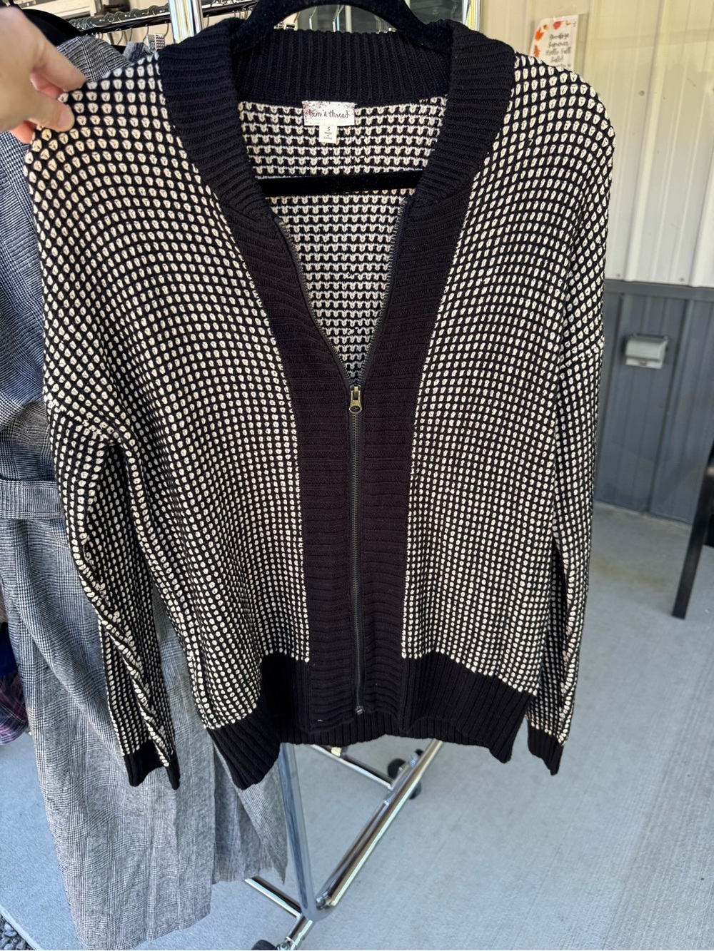 Hem & Thread Black and White Zip-Front Knit Cardigan